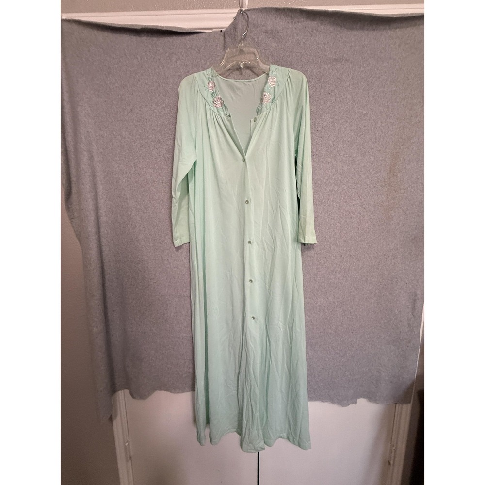 Vtg Shadowline Robe Womens Small Green Nylon Button Front Floral Embroidered